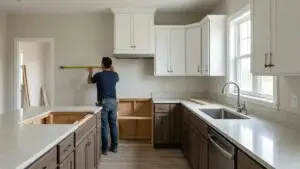 Two-tone custom kitchen cabinets with white upper shaker cabinets, walnut lower cabinets, quartz countertops, and undermount sink