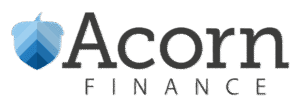 Blue geometric acorn logo with dark gray serif "Acorn" text and "FINANCE" uppercase wordmark beneath, clean brand mark